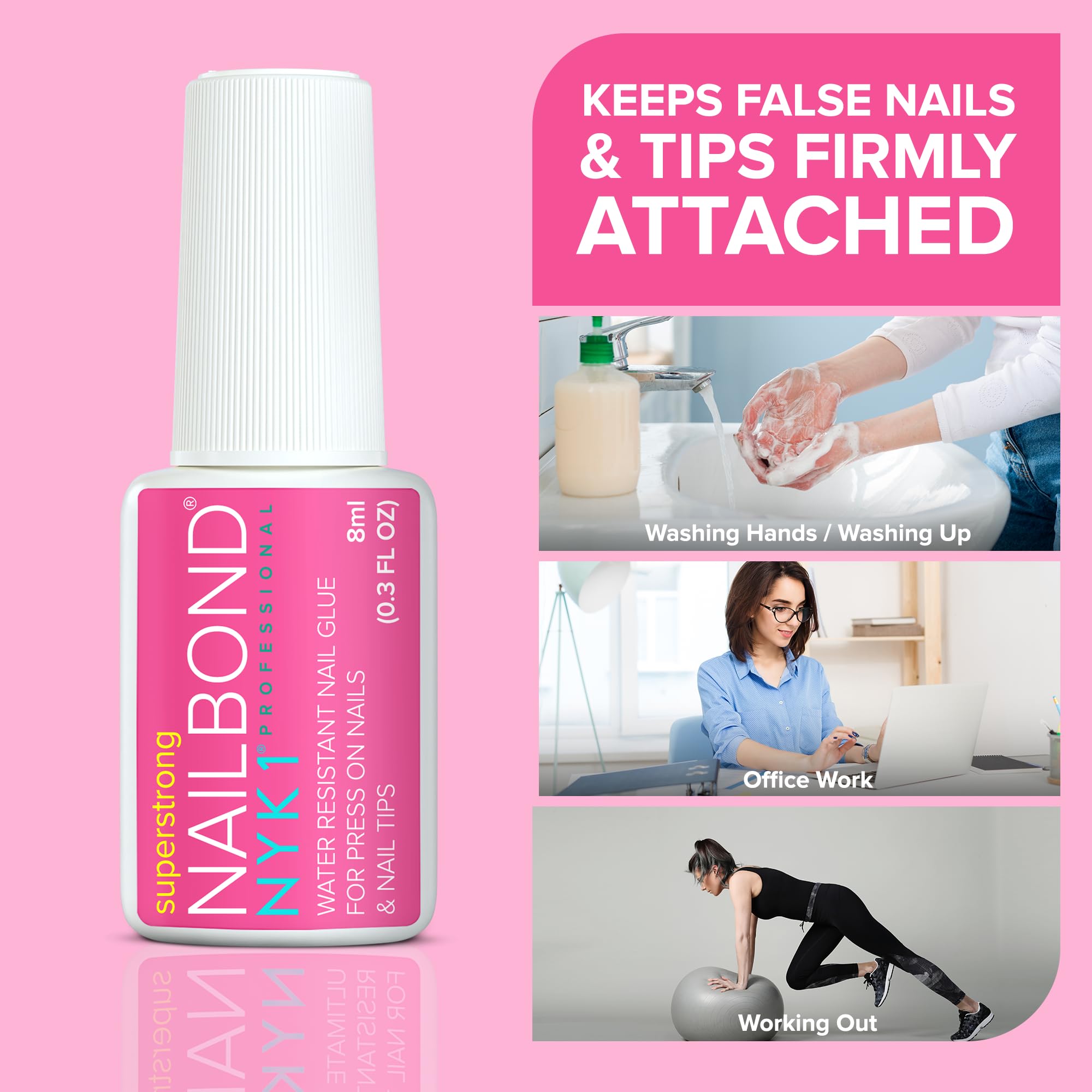 NYK1 NailBond in action shows fast-drying adhesive for tidy nails.