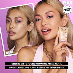 NYX Bare With Me Blur Tint Foundation muestra cobertura media para un look natural.