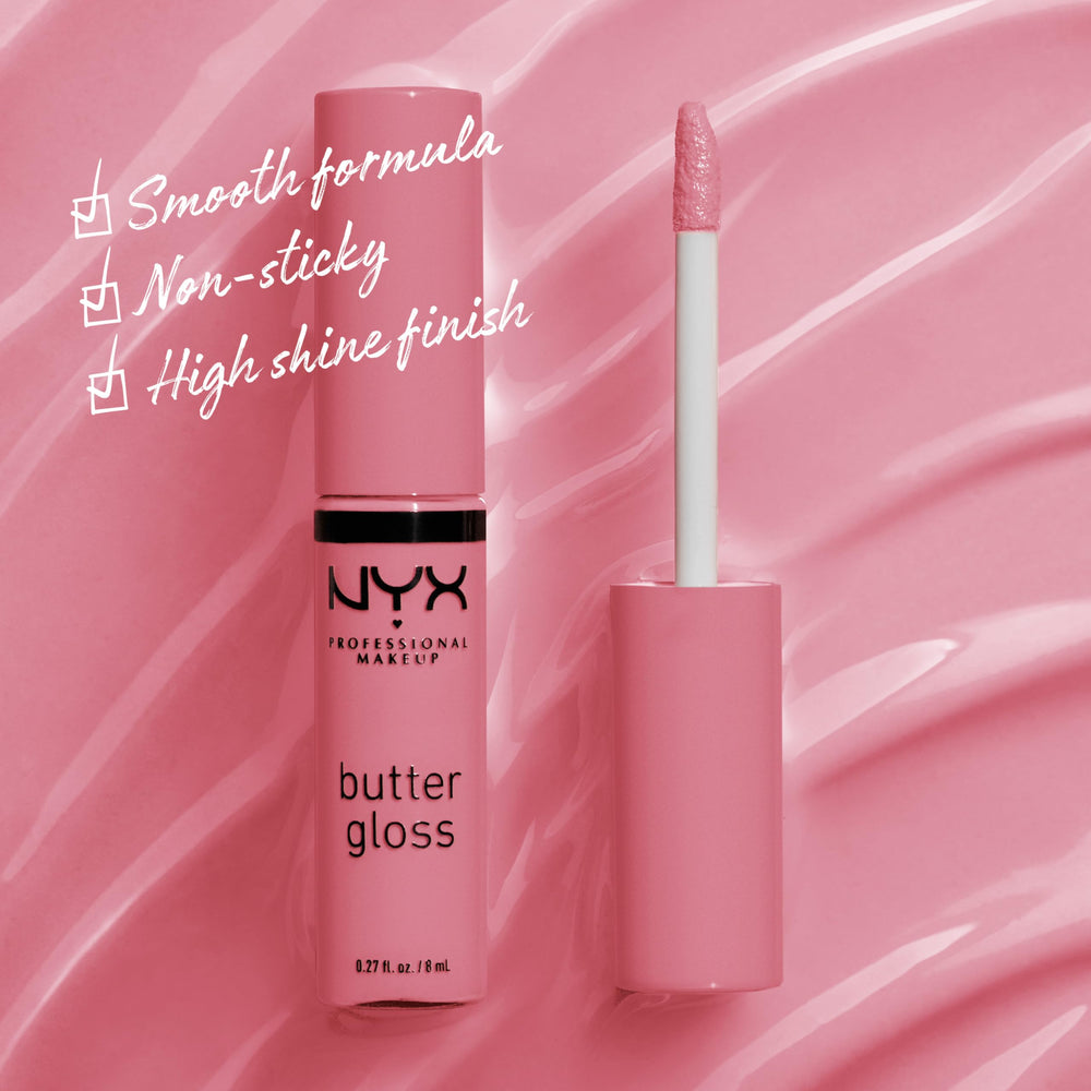 NYX Butter Gloss Angel Food Cake on lips with non-sticky shine