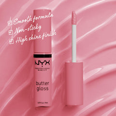 NYX Butter Gloss Angel Food Cake on lips with non-sticky shine