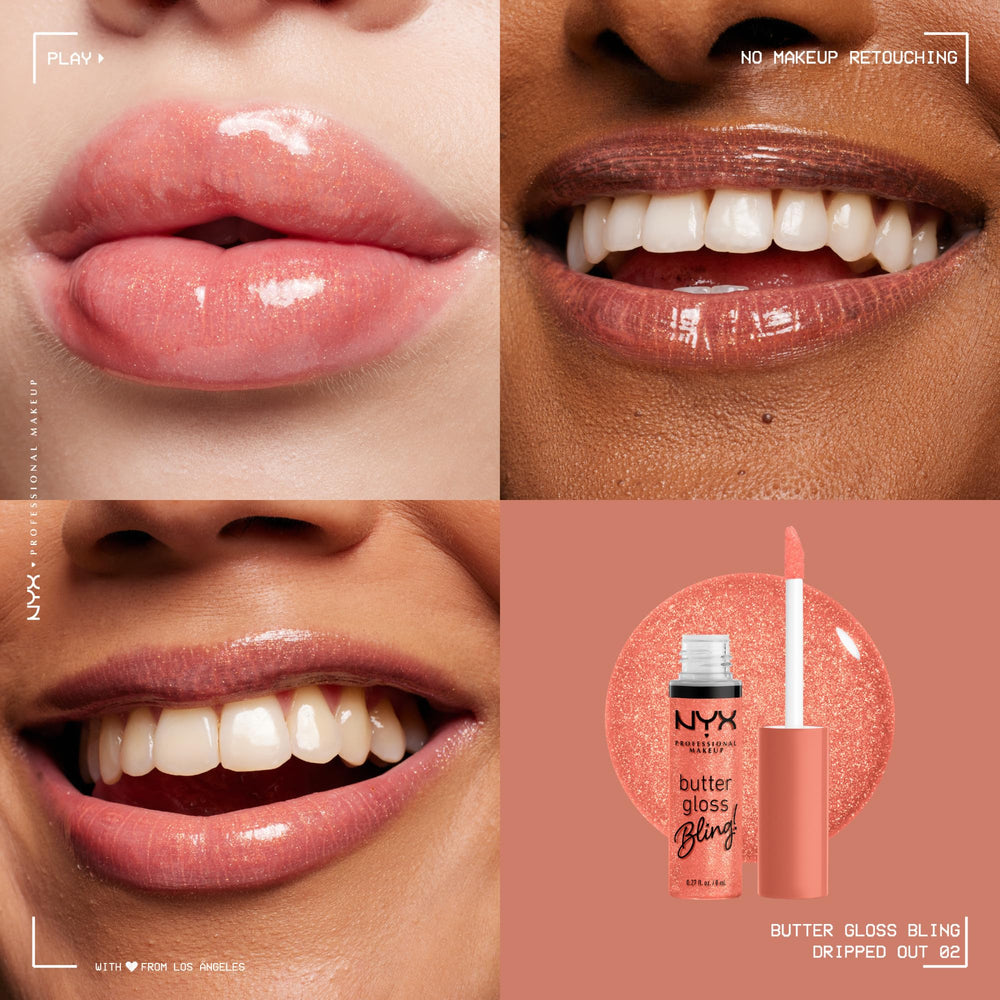 NYX Butter Gloss Bling crystal glow adds radiant reflection to lips.