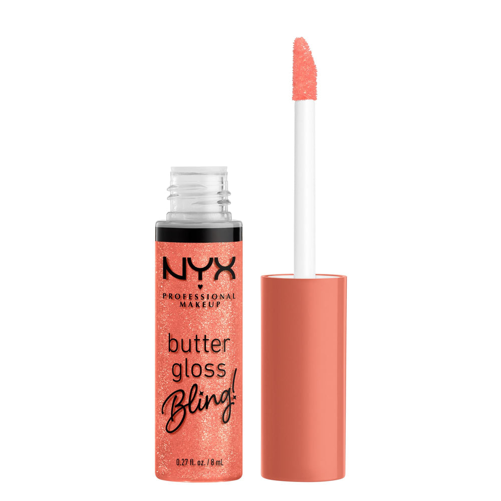 NYX Butter Gloss Bling ice shine on lips for a high-shimmer look.