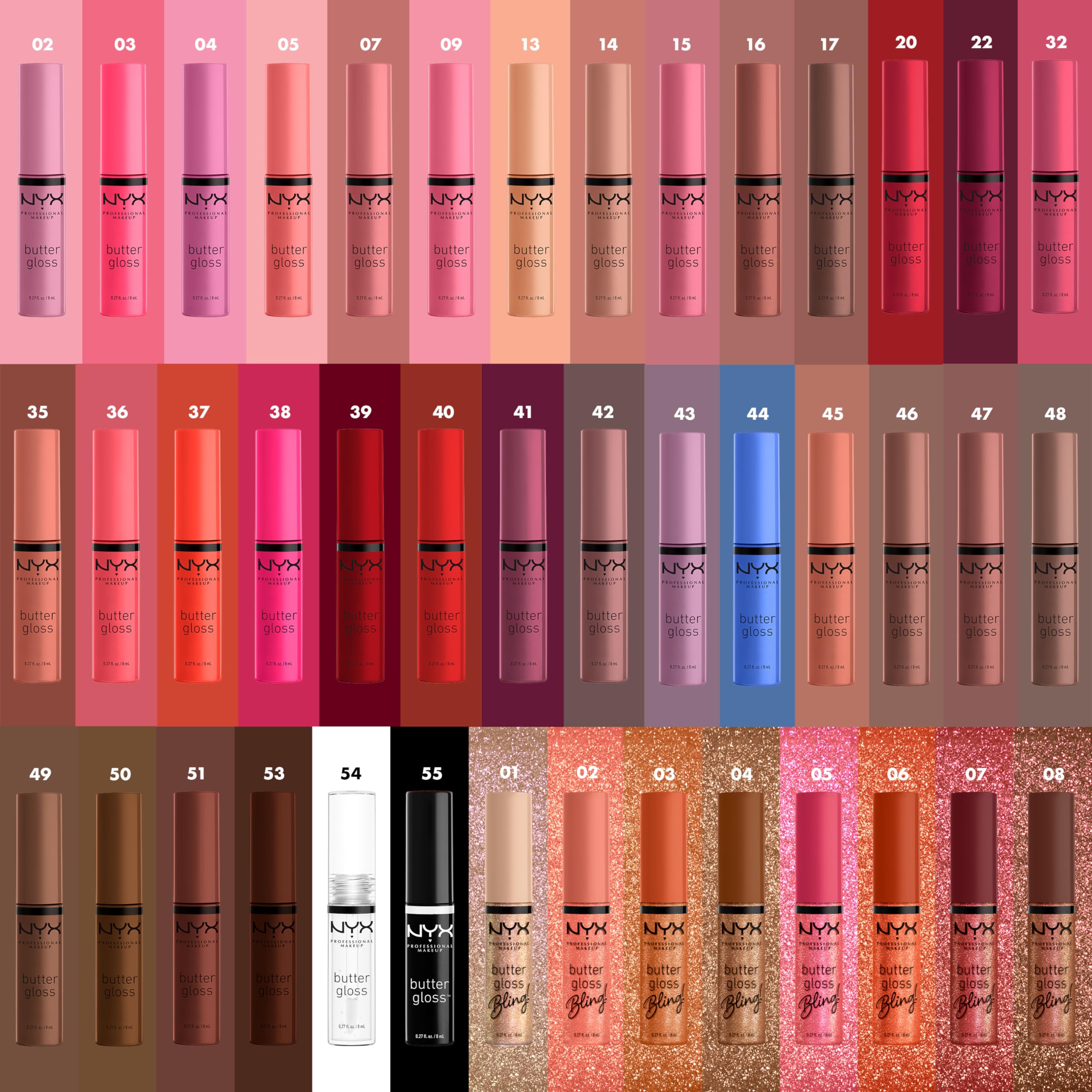Display of NYX Butter Gloss Bling packaging and shades