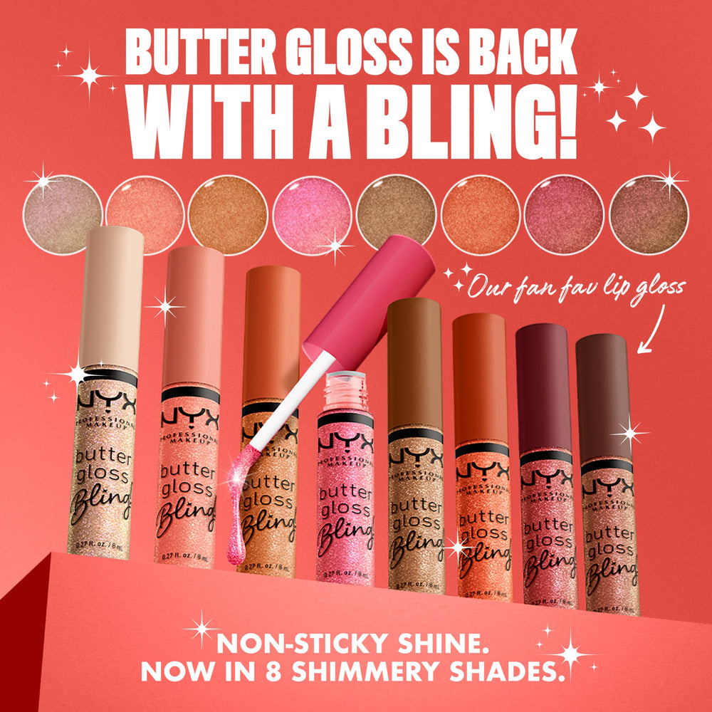 NYX Butter Gloss Bling on lips delivering creamy, shiny finish
