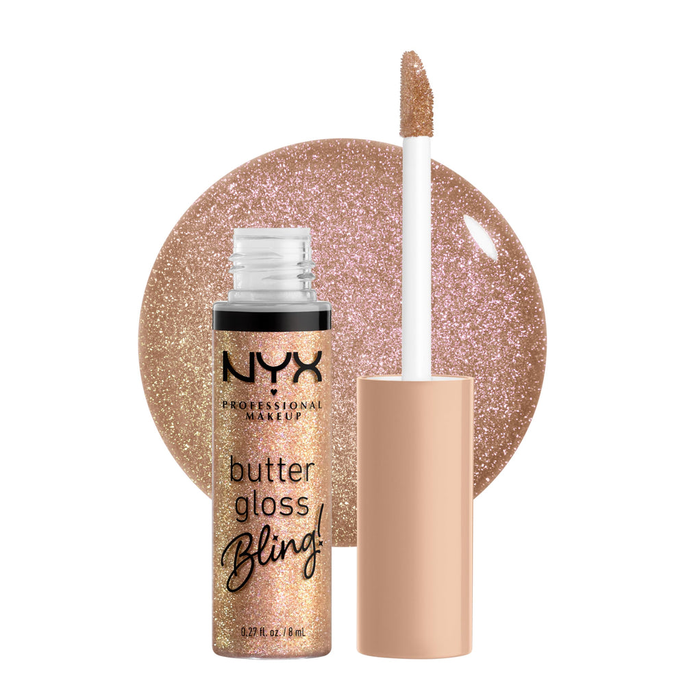NYX Butter Gloss Bling swatch shows shimmering non-sticky shine for lips