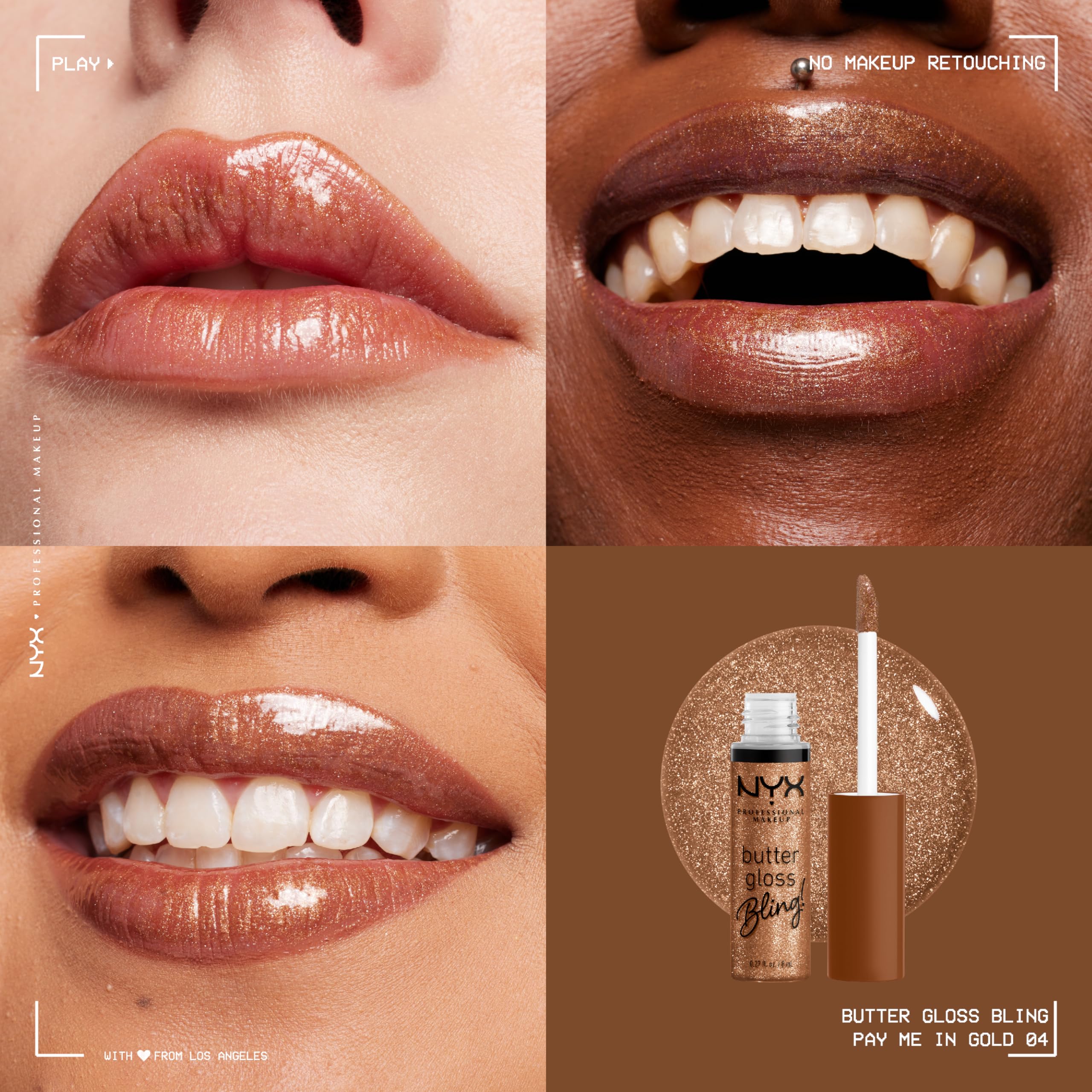 NYX Butter Gloss Bling wand used for precise lip shimmer application.