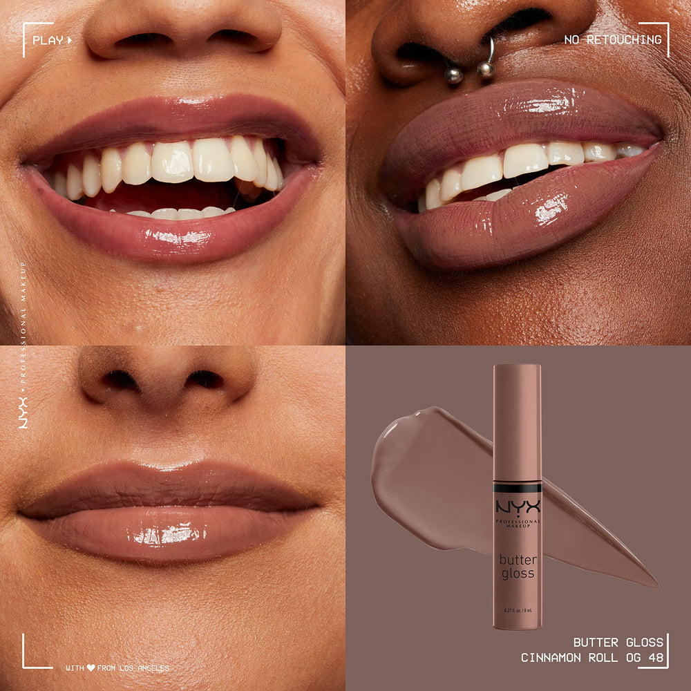 NYX Butter Gloss Brown Sugar worn alone for a nude glow on lips.