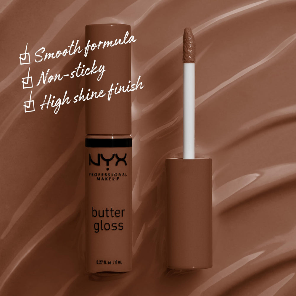 Close-up of NYX Butter Gloss Brown Sugar application and smooth texture on lips