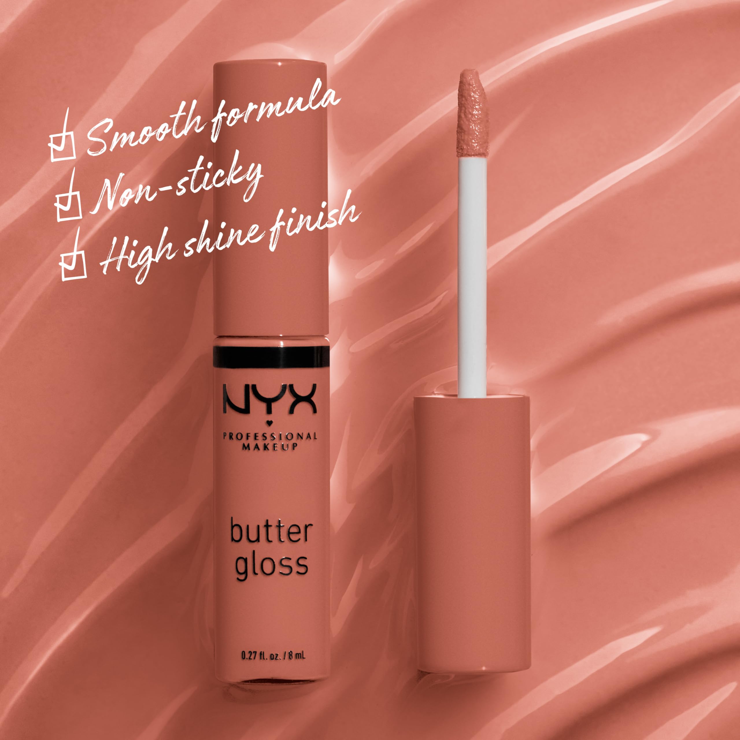 NYX Professional Makeup Butter Gloss Brown Sugar application demonstrates sheer to medium coverage with a non-sticky shine.