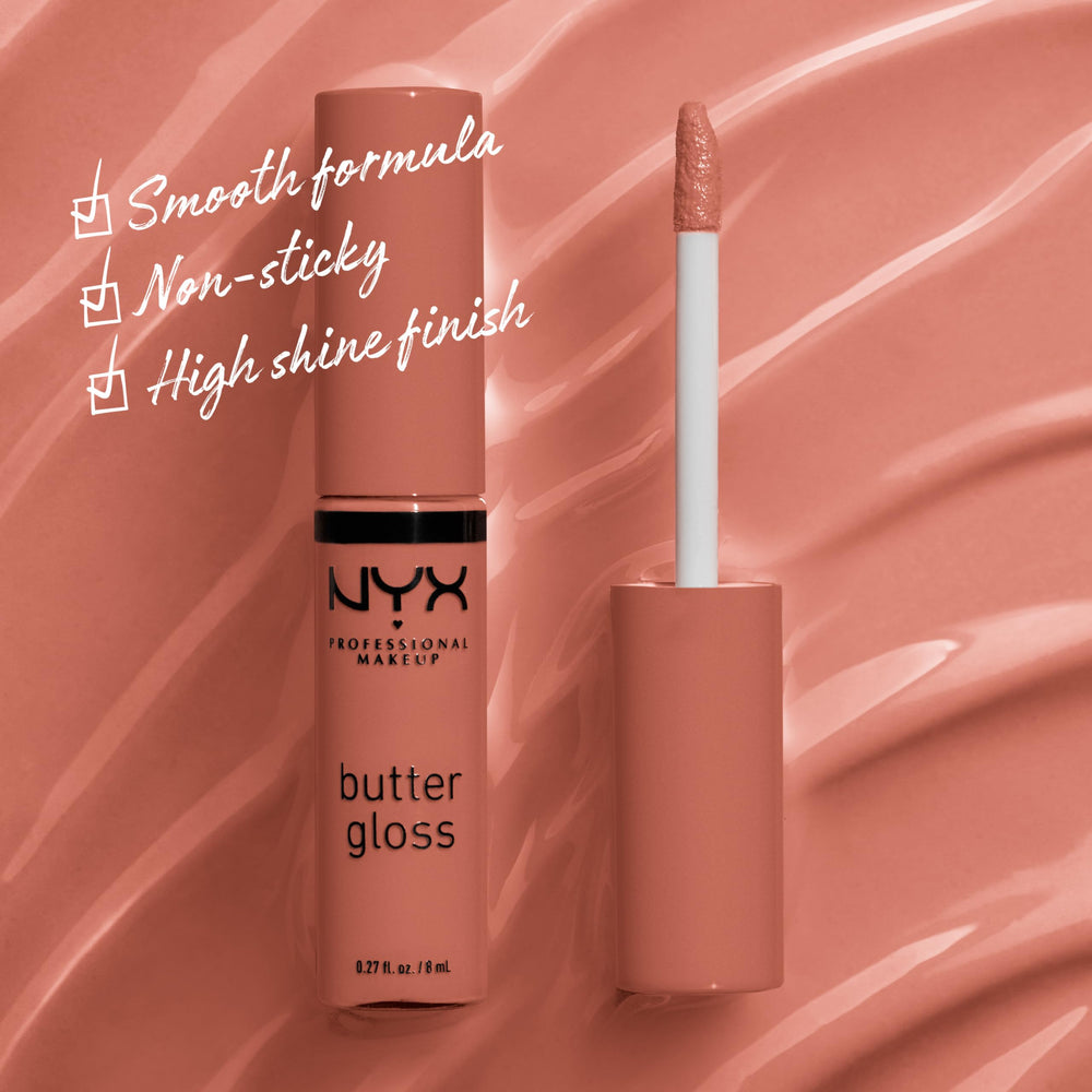 NYX Professional Makeup Butter Gloss Brown Sugar application demonstrates sheer to medium coverage with a non-sticky shine.