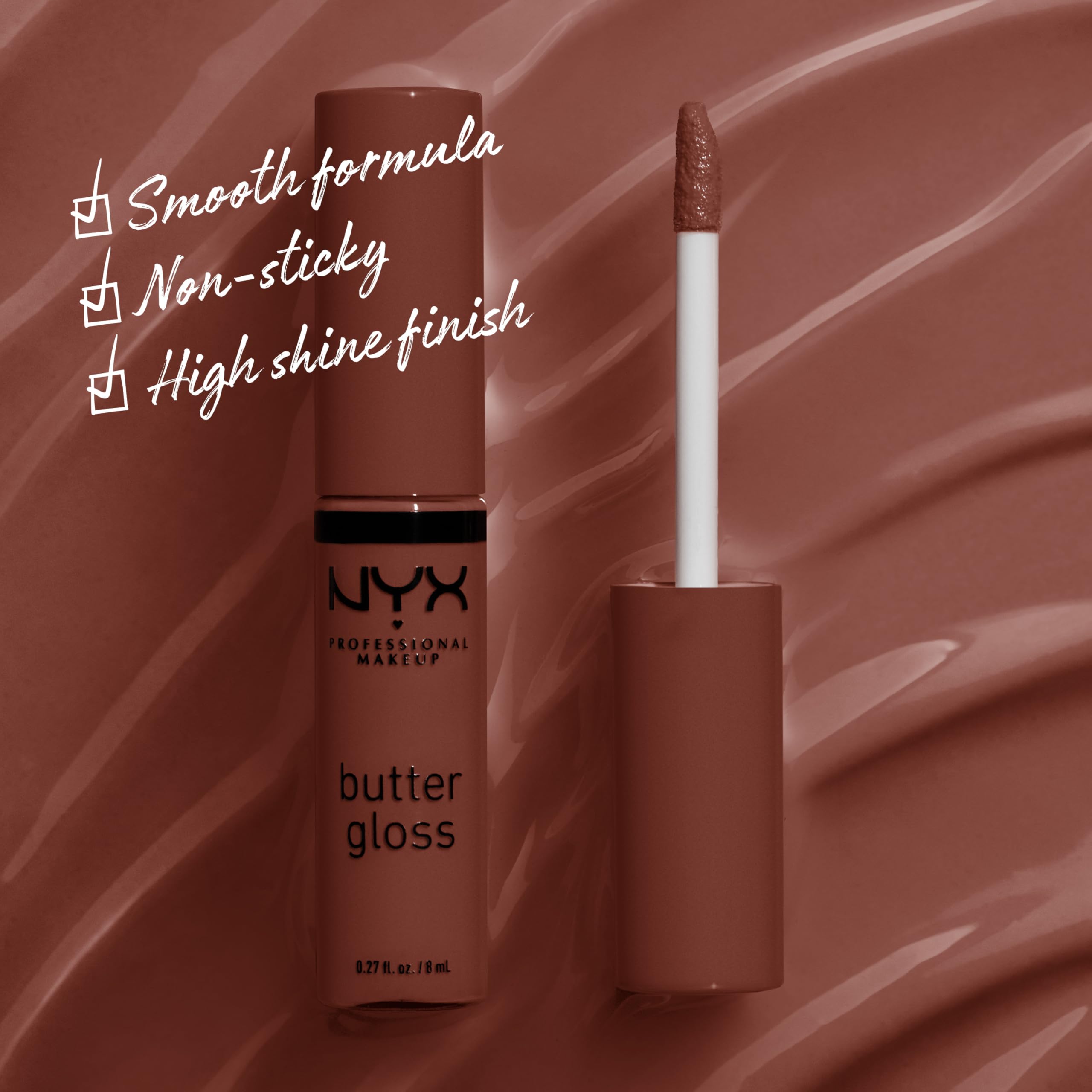 NYX Butter Gloss Brown Sugar Brownie Drip swatch on lips with deep brown shine.