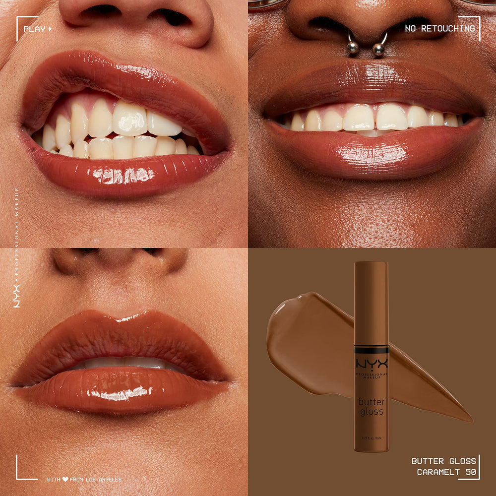 Close-up of NYX Butter Gloss Brown Sugar on lips with warm nude tones.