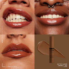 Close-up of NYX Butter Gloss Brown Sugar on lips with warm nude tones.