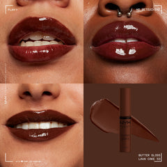NYX Butter Gloss Brown Sugar Lava Cake application close-up with smooth wand glide