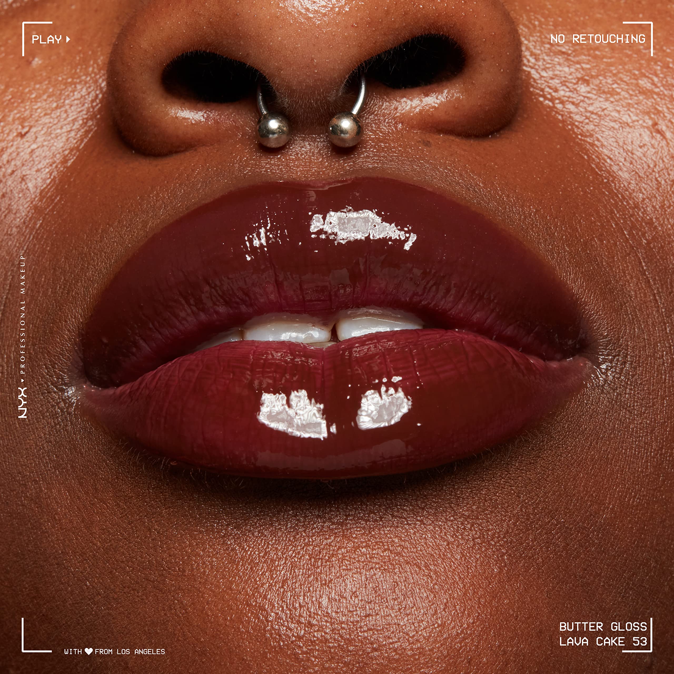 NYX Butter Gloss Brown Sugar Lava Cake on top of lipstick to add shine