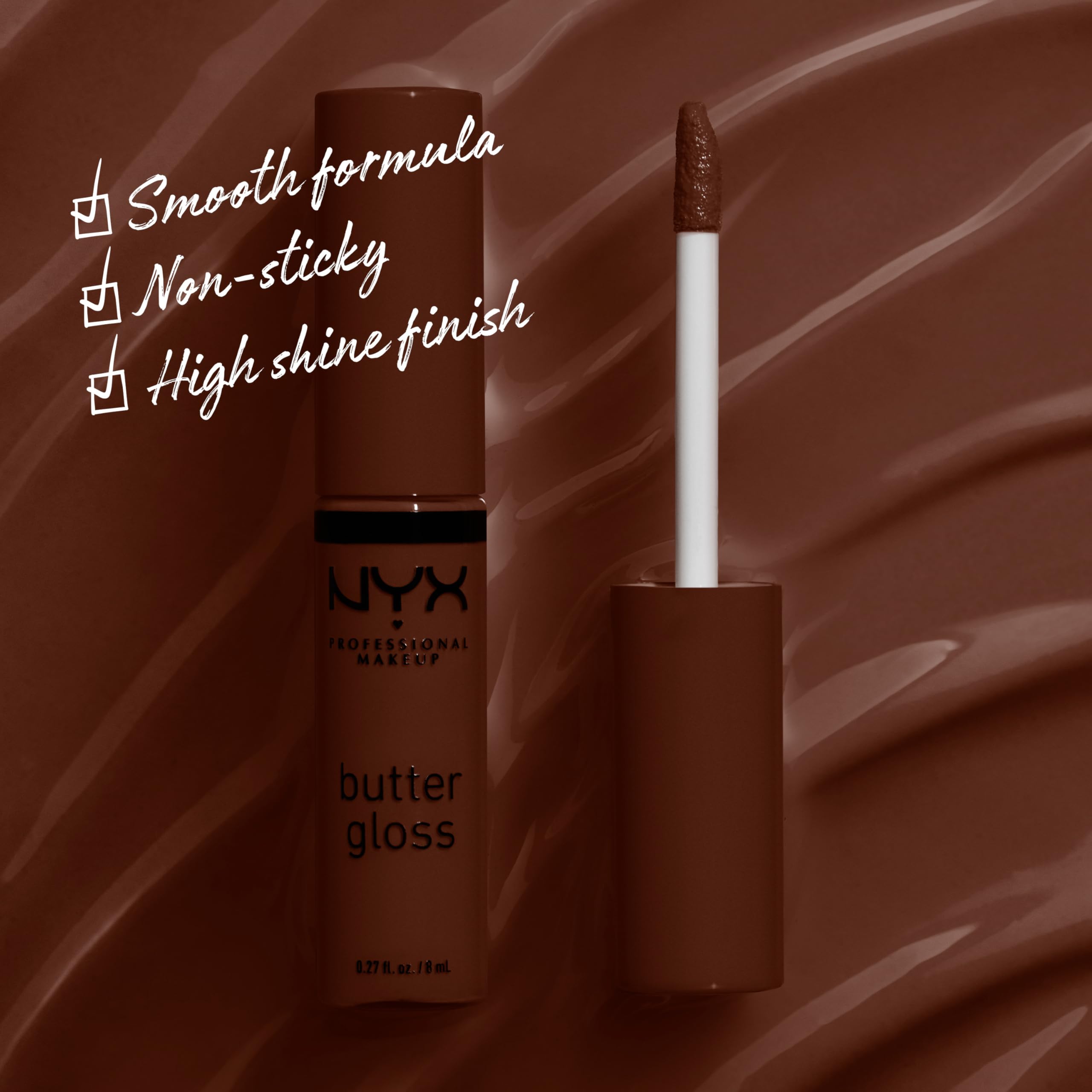 NYX Butter Gloss Brown Sugar Lava Cake swatches reveal creamy nude payoff
