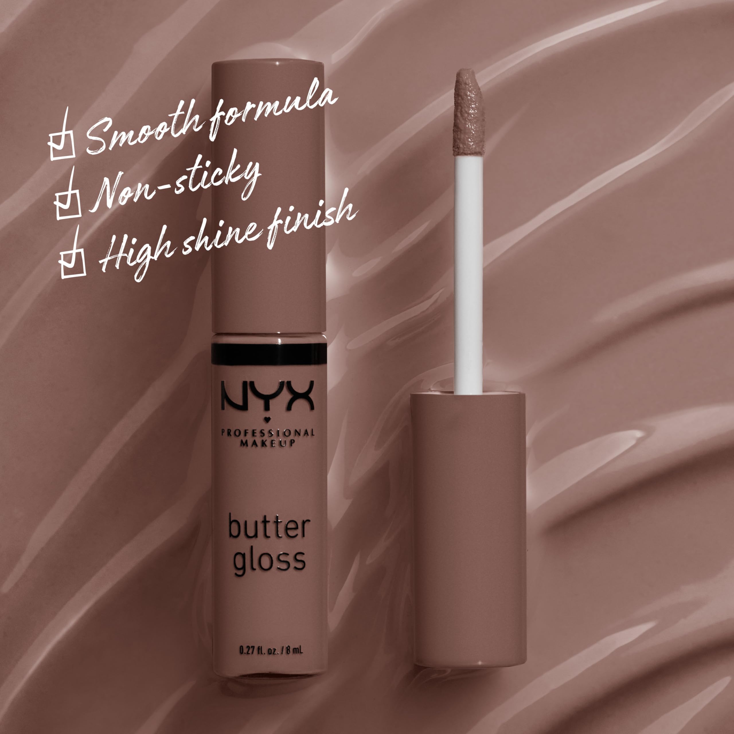 NYX Butter Gloss Brown Sugar lip application demonstrates sheer to medium coverage.