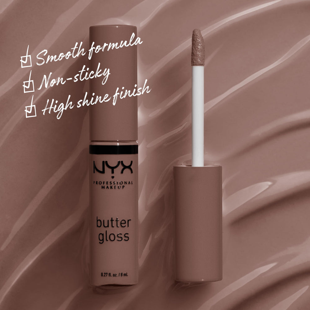 NYX Butter Gloss Brown Sugar lip application demonstrates sheer to medium coverage.