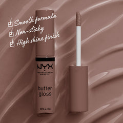 NYX Butter Gloss Brown Sugar lip application demonstrates sheer to medium coverage.