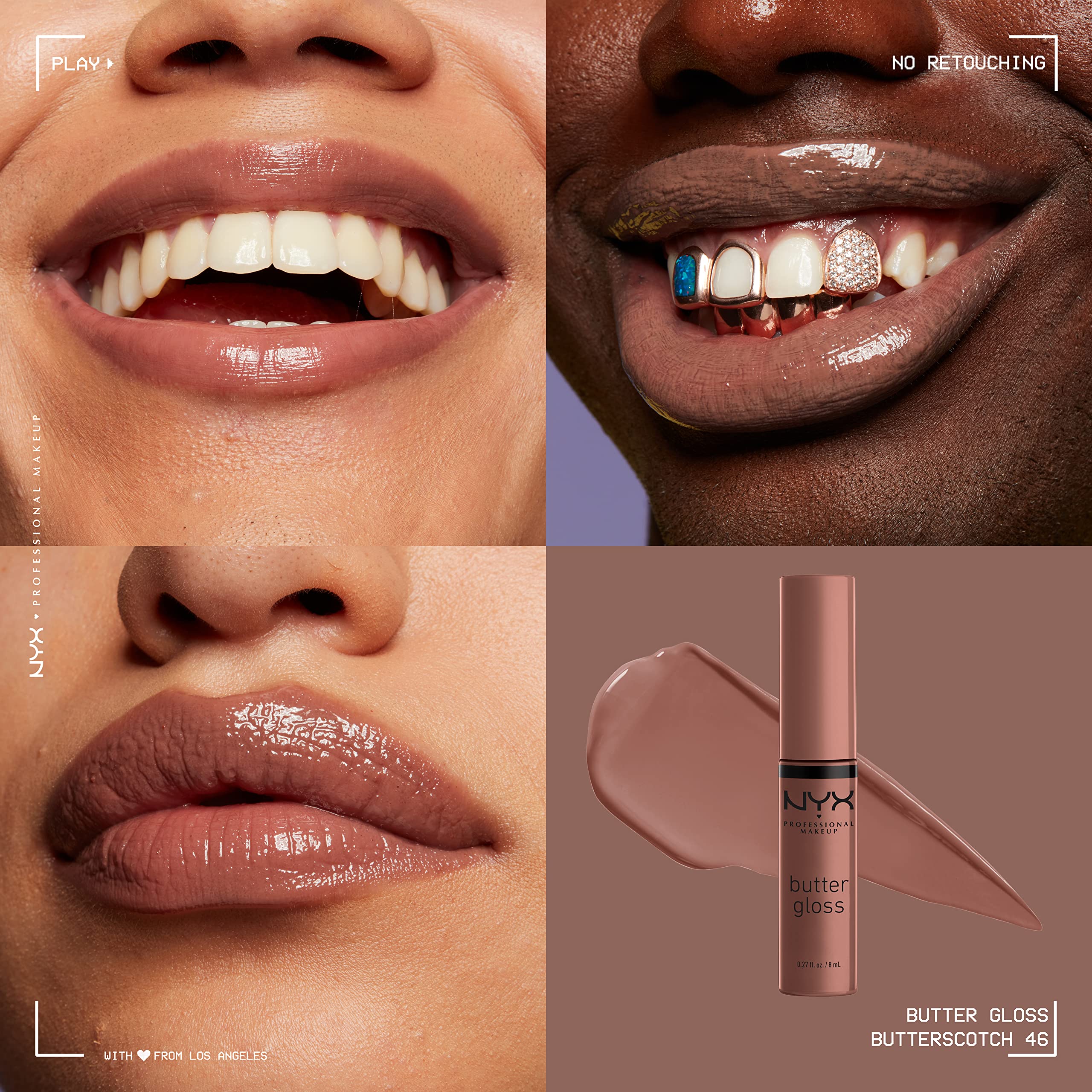 NYX Butter Gloss Brown Sugar swatches in warm peach tones.
