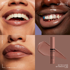 NYX Butter Gloss Brown Sugar swatches in warm peach tones.