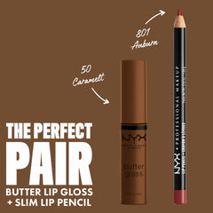 NYX Butter Gloss Brown Sugar non-sticky shine on lips.