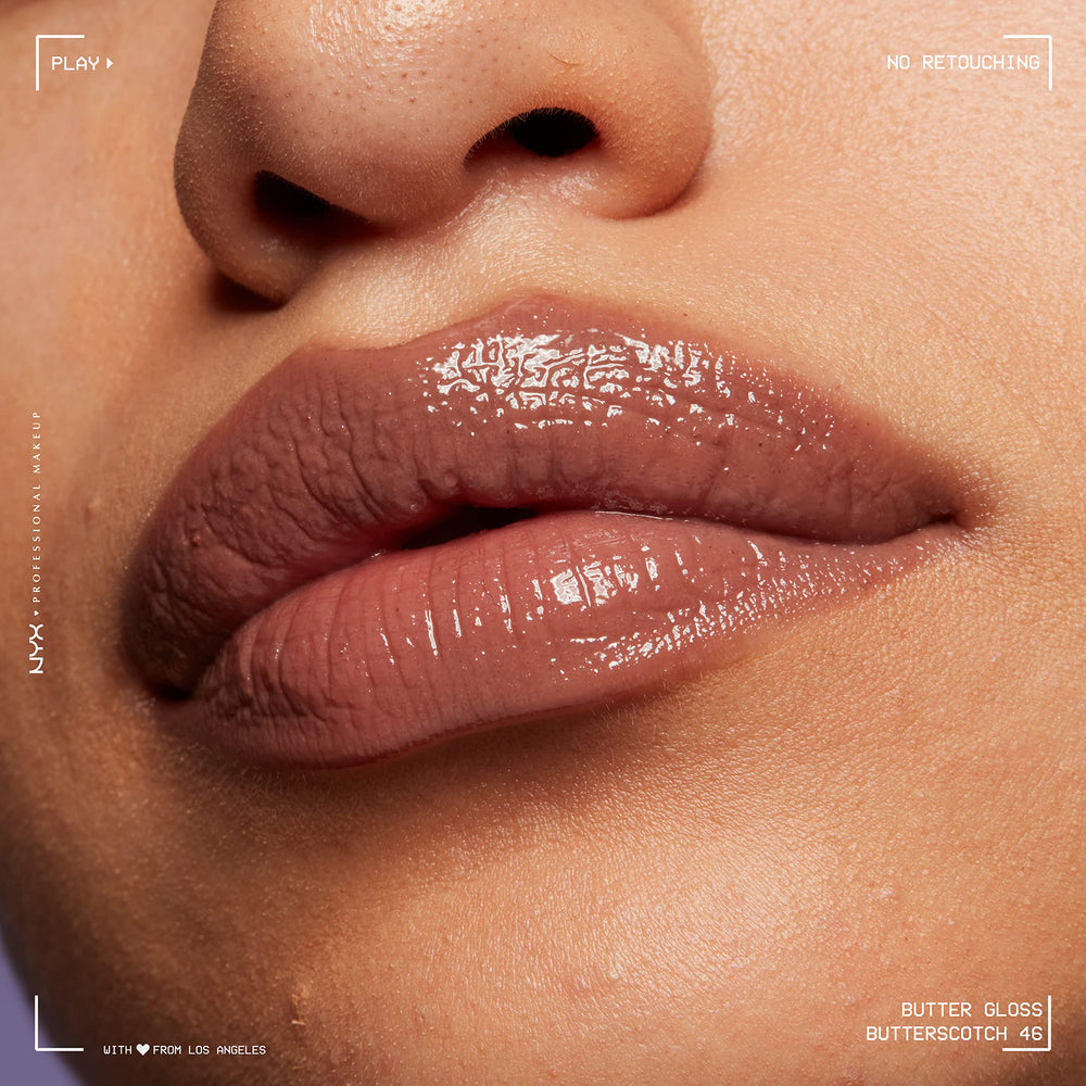 NYX Butter Gloss Brown Sugar nude shade for brown skin tones.