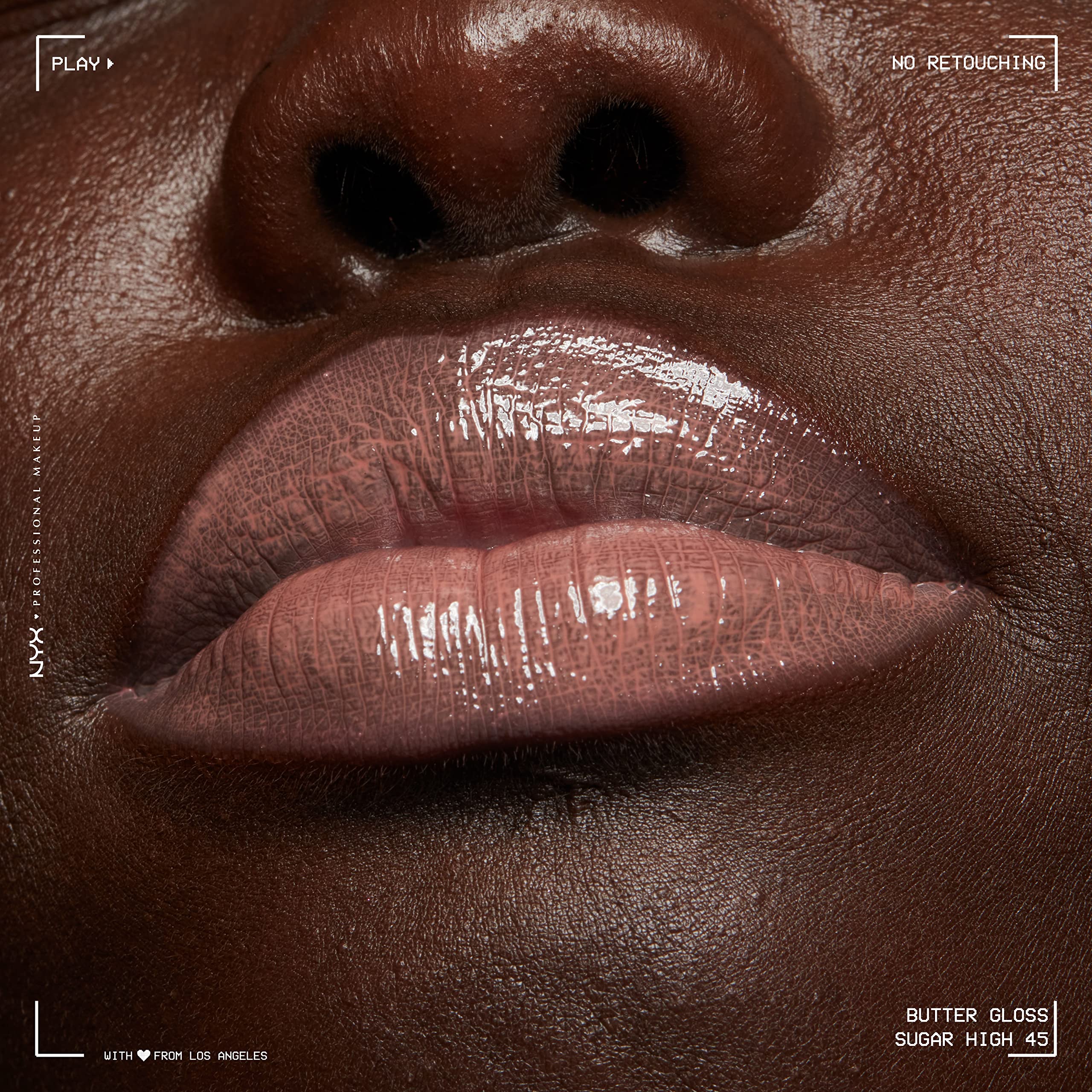 NYX Professional Makeup Butter Gloss Brown Sugar demonstrates nude-match shades for deeper skin tones.