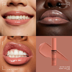 NYX Professional Makeup Butter Gloss Brown Sugar on lips for a creamy, long-lasting glow without heaviness.