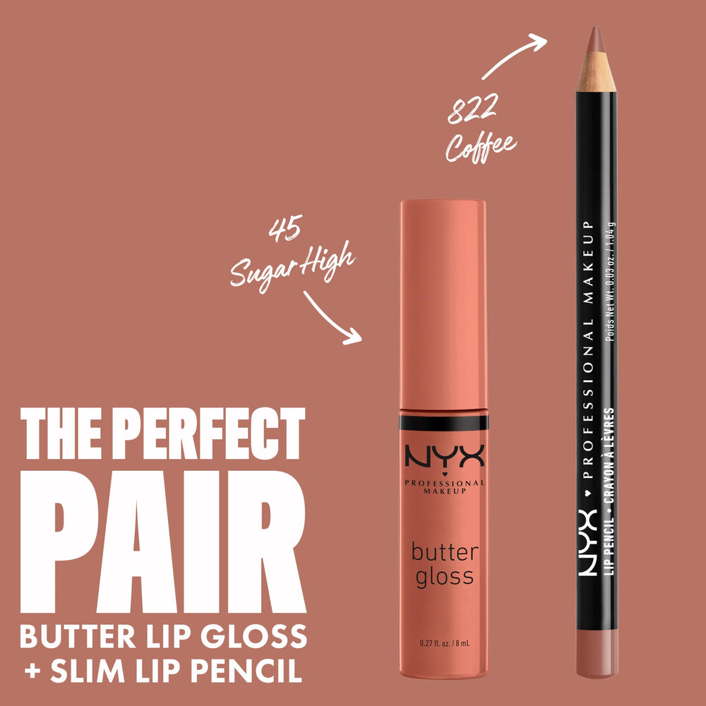 NYX Professional Makeup Butter Gloss Brown Sugar packaging highlights eight shade lineup and iconic sweet scent.