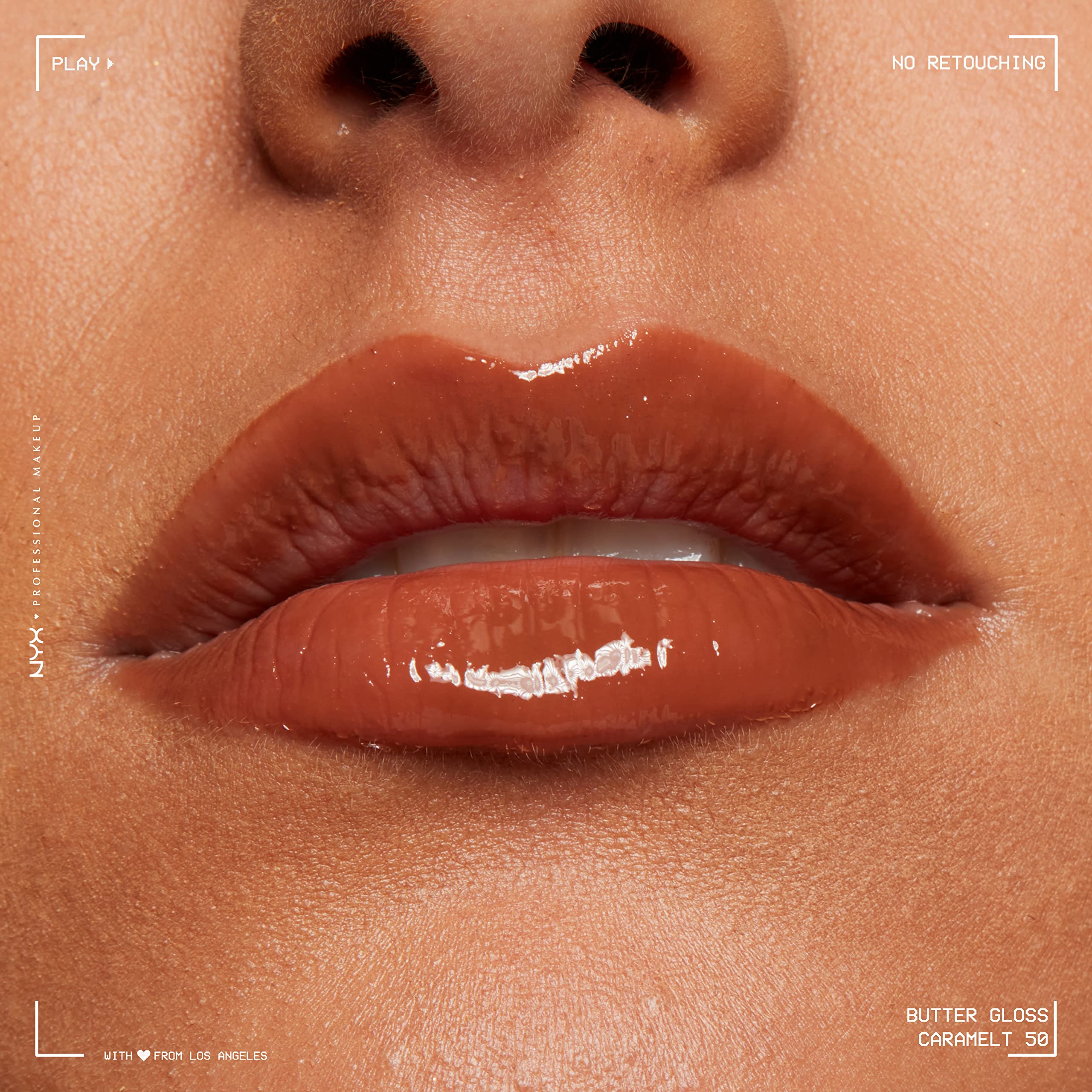 Packaging view of NYX Butter Gloss Brown Sugar tube and branding.