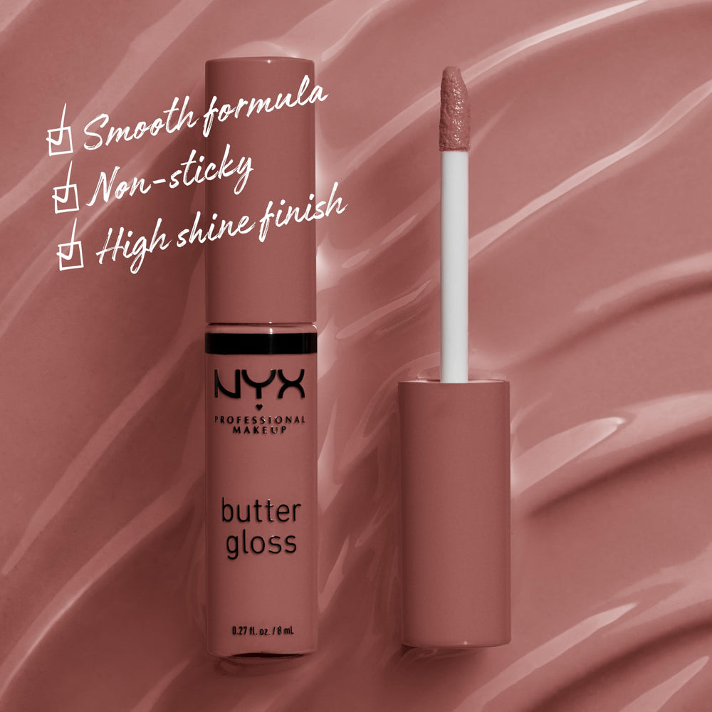 Swatches of NYX Butter Gloss Brown Sugar Spiked Toffee show brown mauve tone