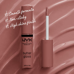 Swatches of NYX Butter Gloss Brown Sugar Spiked Toffee show brown mauve tone