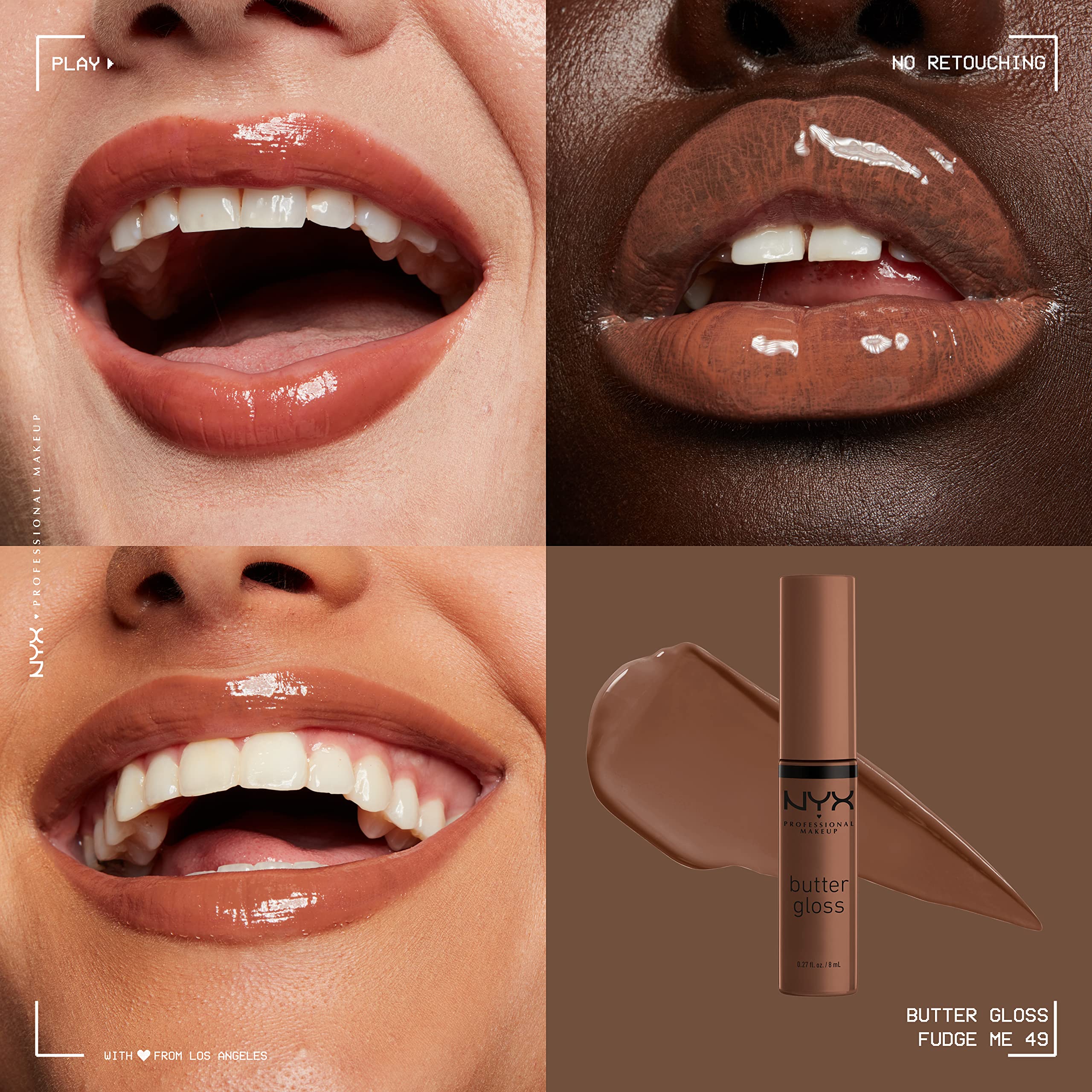 Swatch of NYX Butter Gloss Brown Sugar in warm nude tones for everyday wear