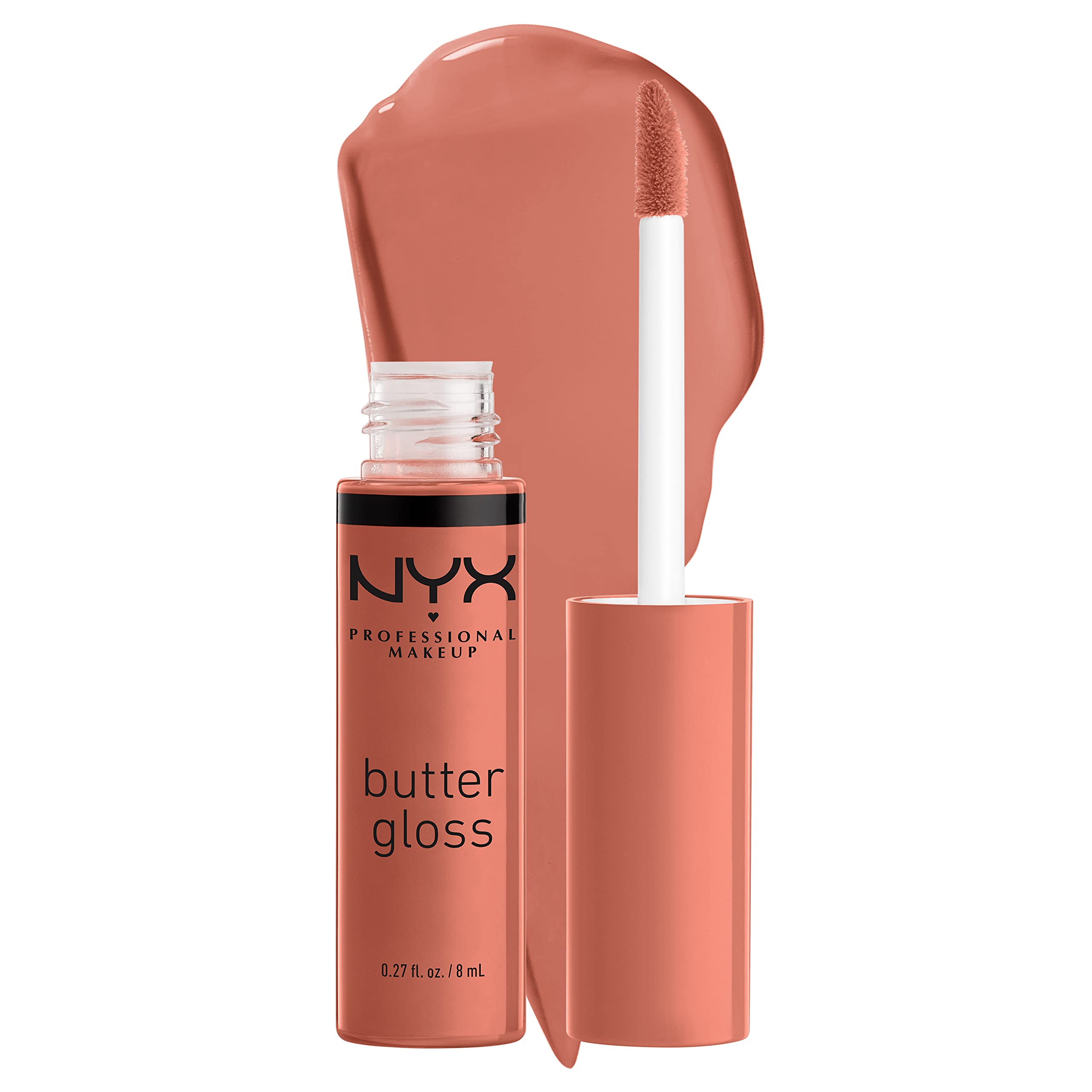 NYX Professional Makeup Butter Gloss Brown Sugar swatches show a peachy nude shade for warm undertones.