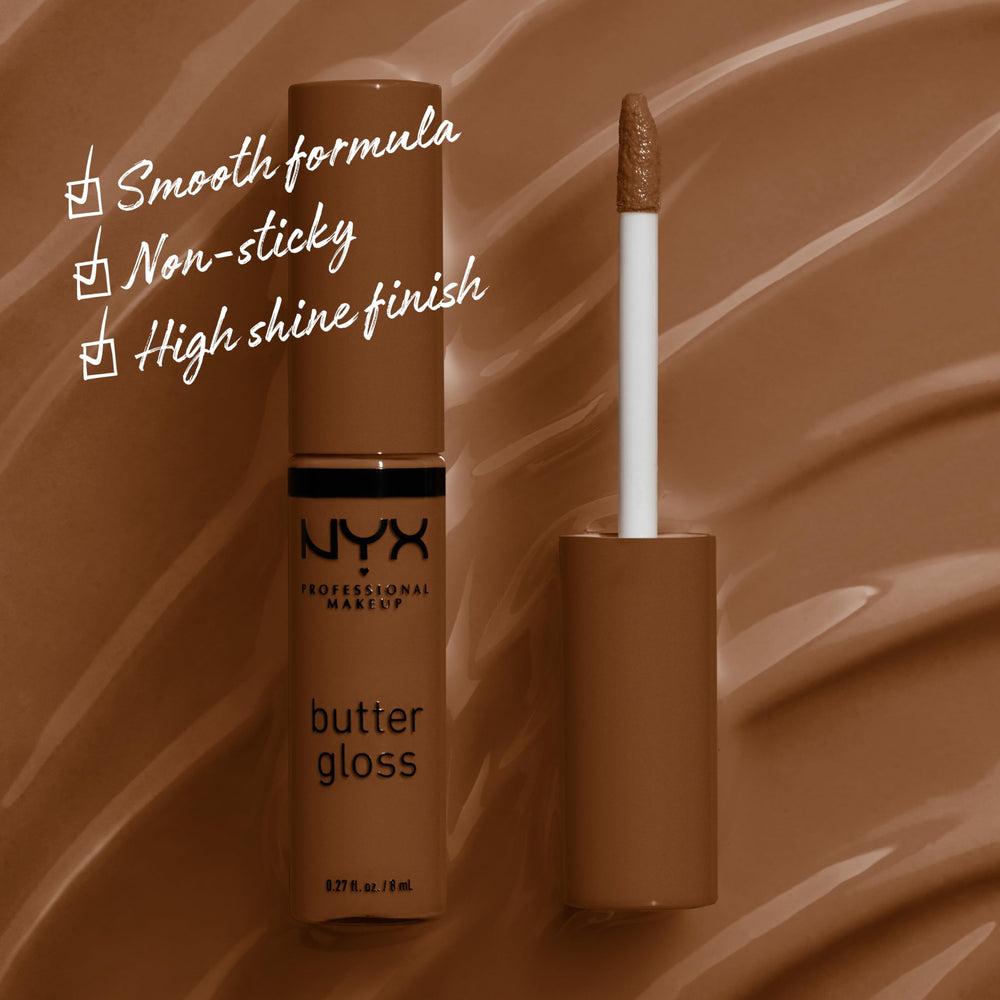 NYX Butter Gloss Brown Sugar wear swatch shows sheer to medium coverage on lips.