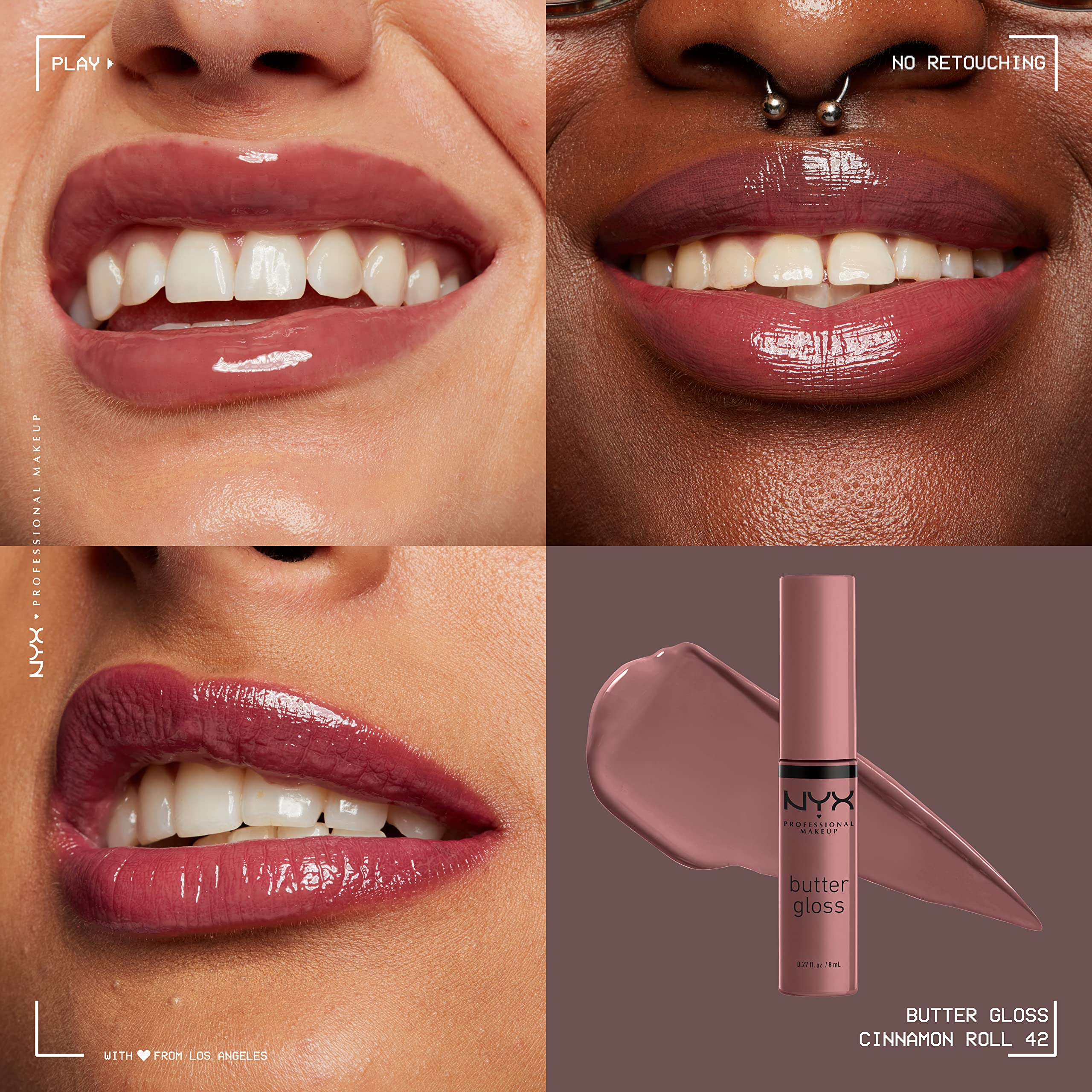 NYX Butter Gloss Cinnamon Roll on lips for silky shine