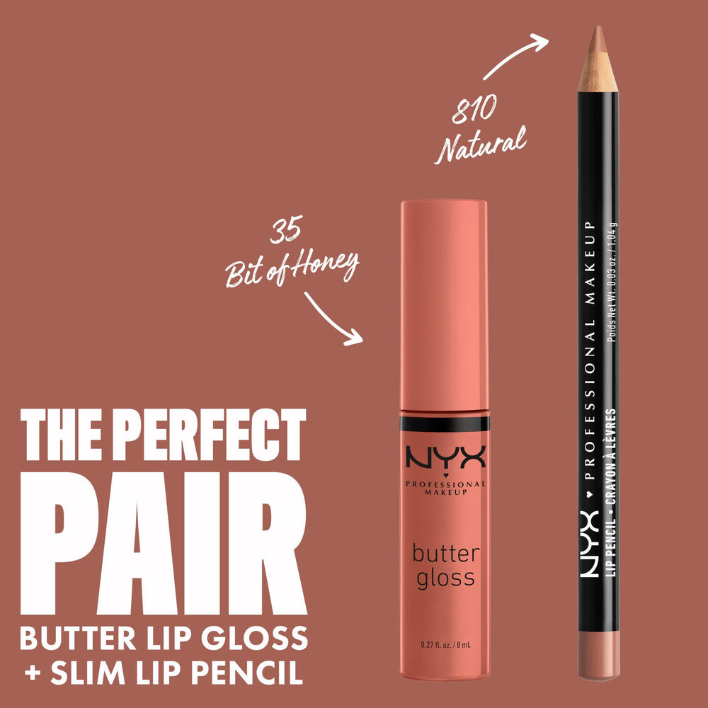 NYX Butter Gloss Bit Of Honey close-up lips with peach-nude sheen