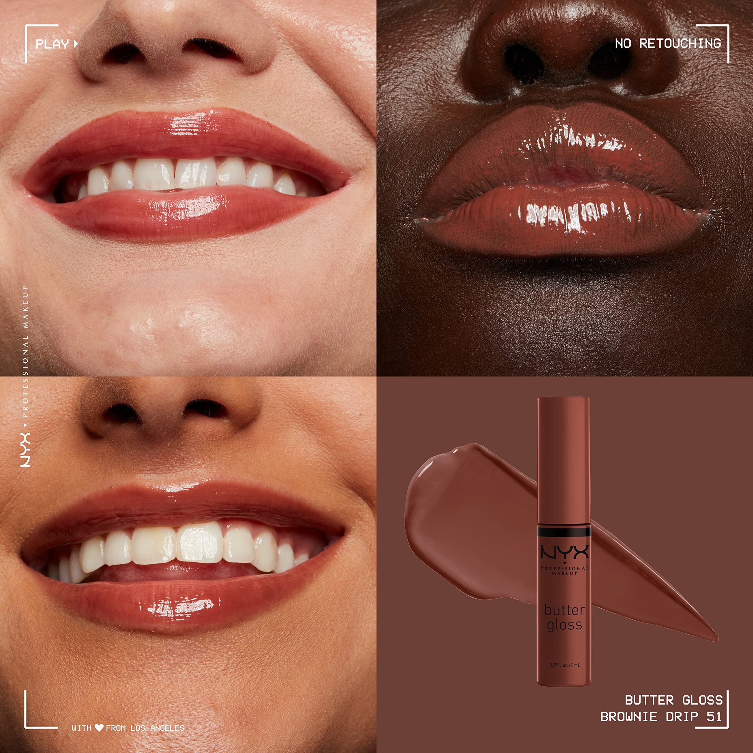 NYX Butter Gloss creamy nude shades deliver sheer to medium coverage.
