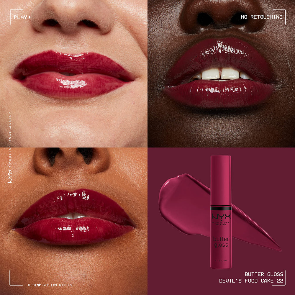 NYX Butter Gloss Devils Food Cake swatch on lips with deep plum sheen.