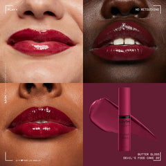 NYX Butter Gloss Devils Food Cake swatch on lips with deep plum sheen.