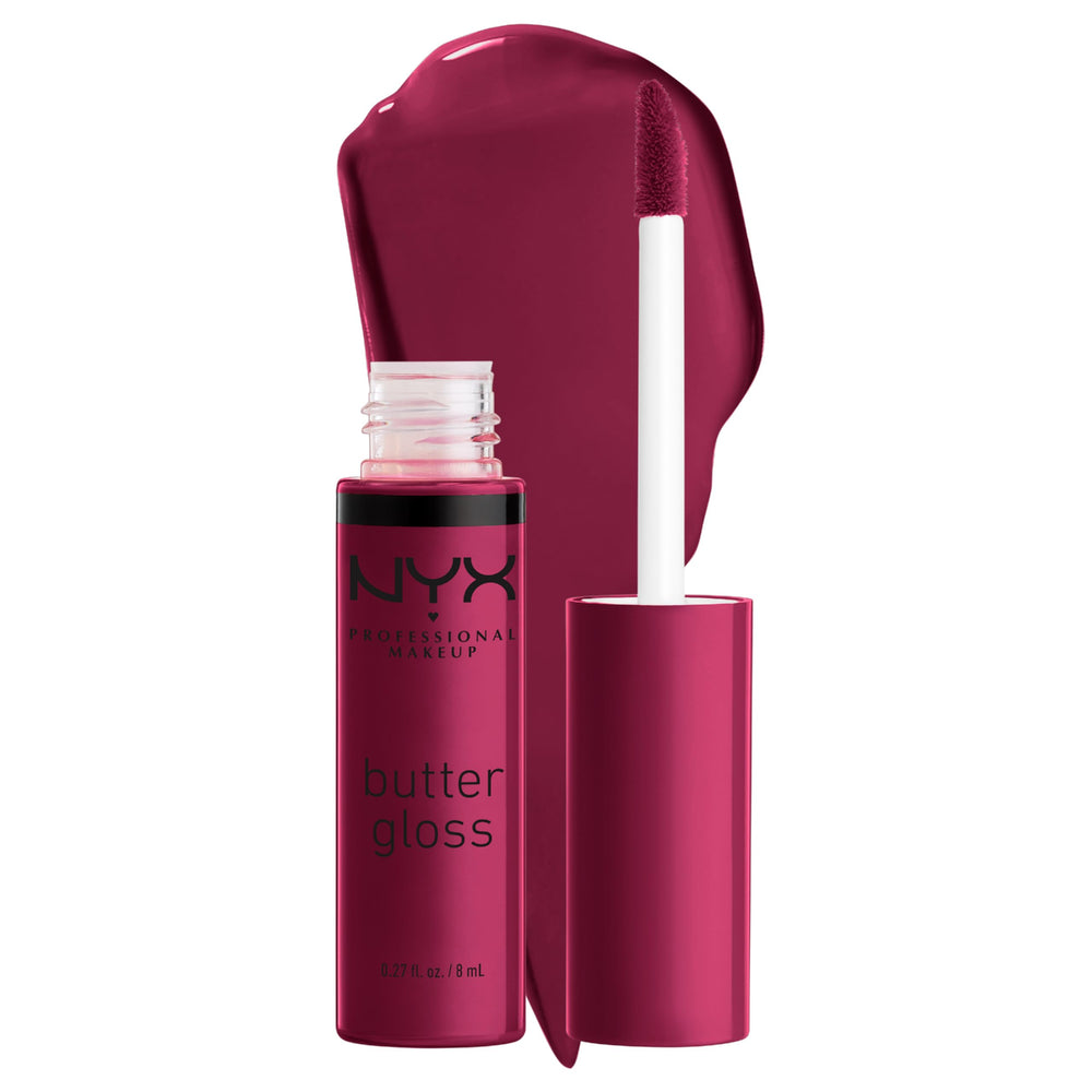NYX Butter Gloss Devils Food Cake packaging displaying premium, non-sticky lip gloss.