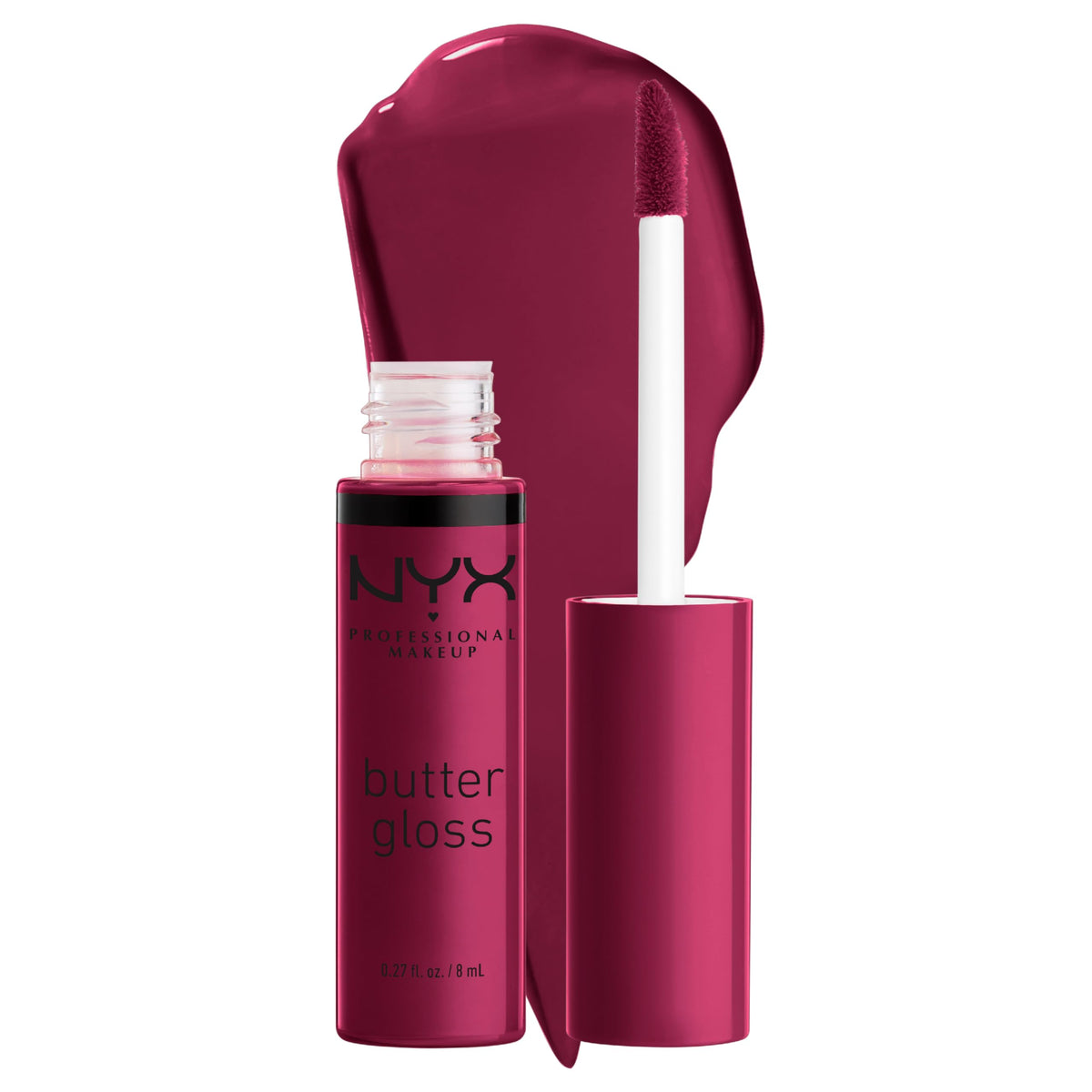 NYX Butter Gloss Devils Food Cake packaging displaying premium, non-sticky lip gloss.