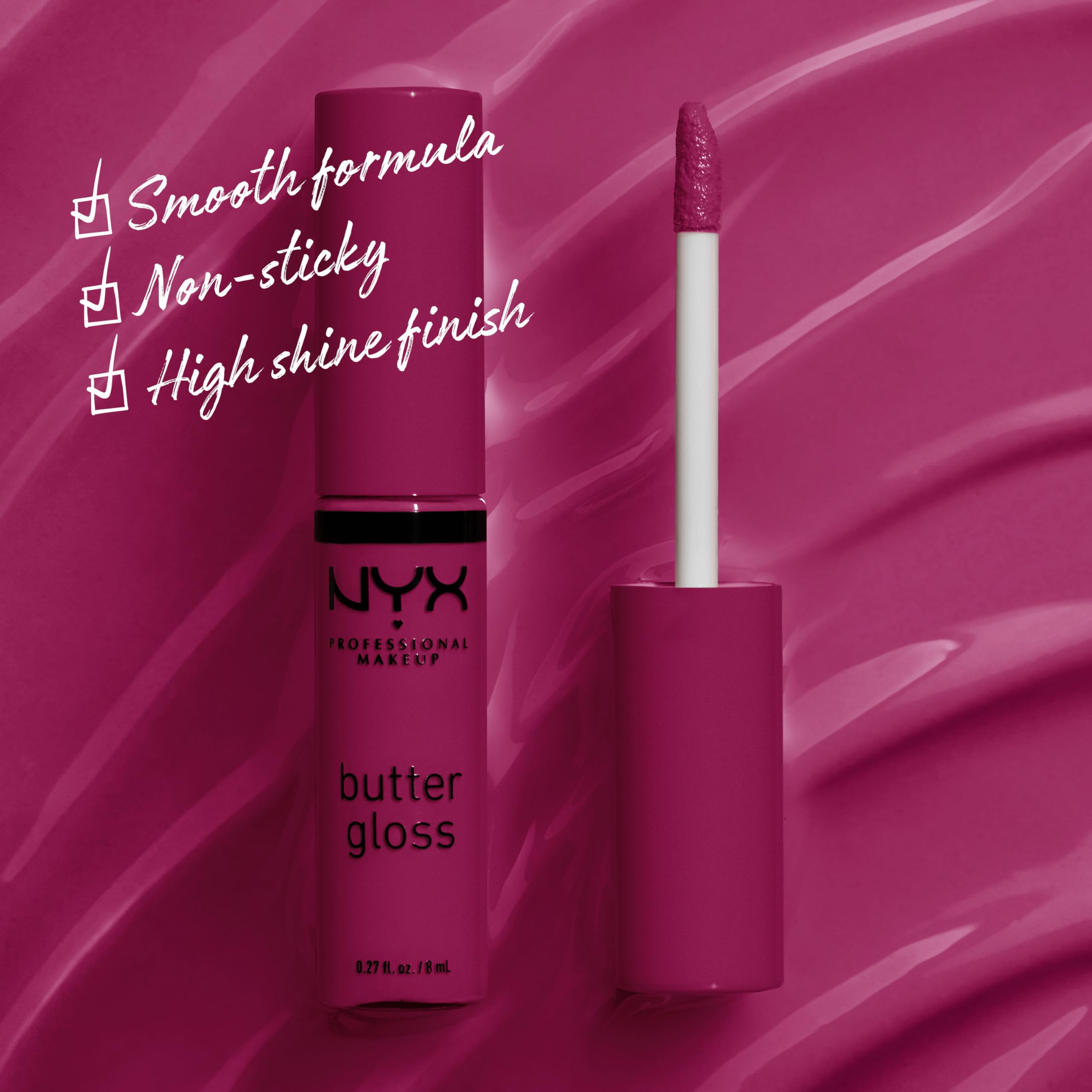 NYX Butter Gloss wand applies creamy, smooth gloss for quick lips.