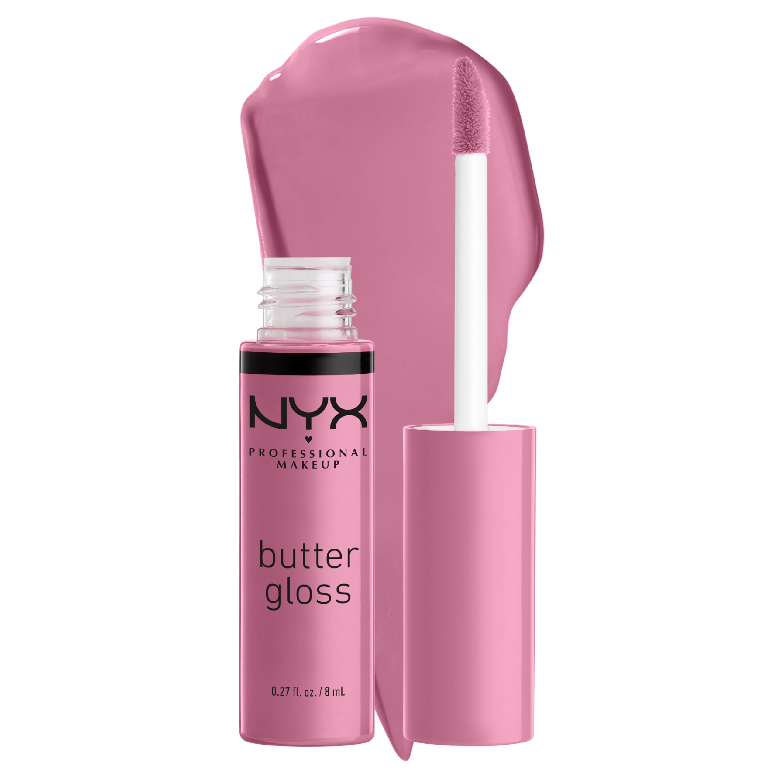 NYX Butter Gloss Eclair pink application delivers a creamy, non-sticky finish.
