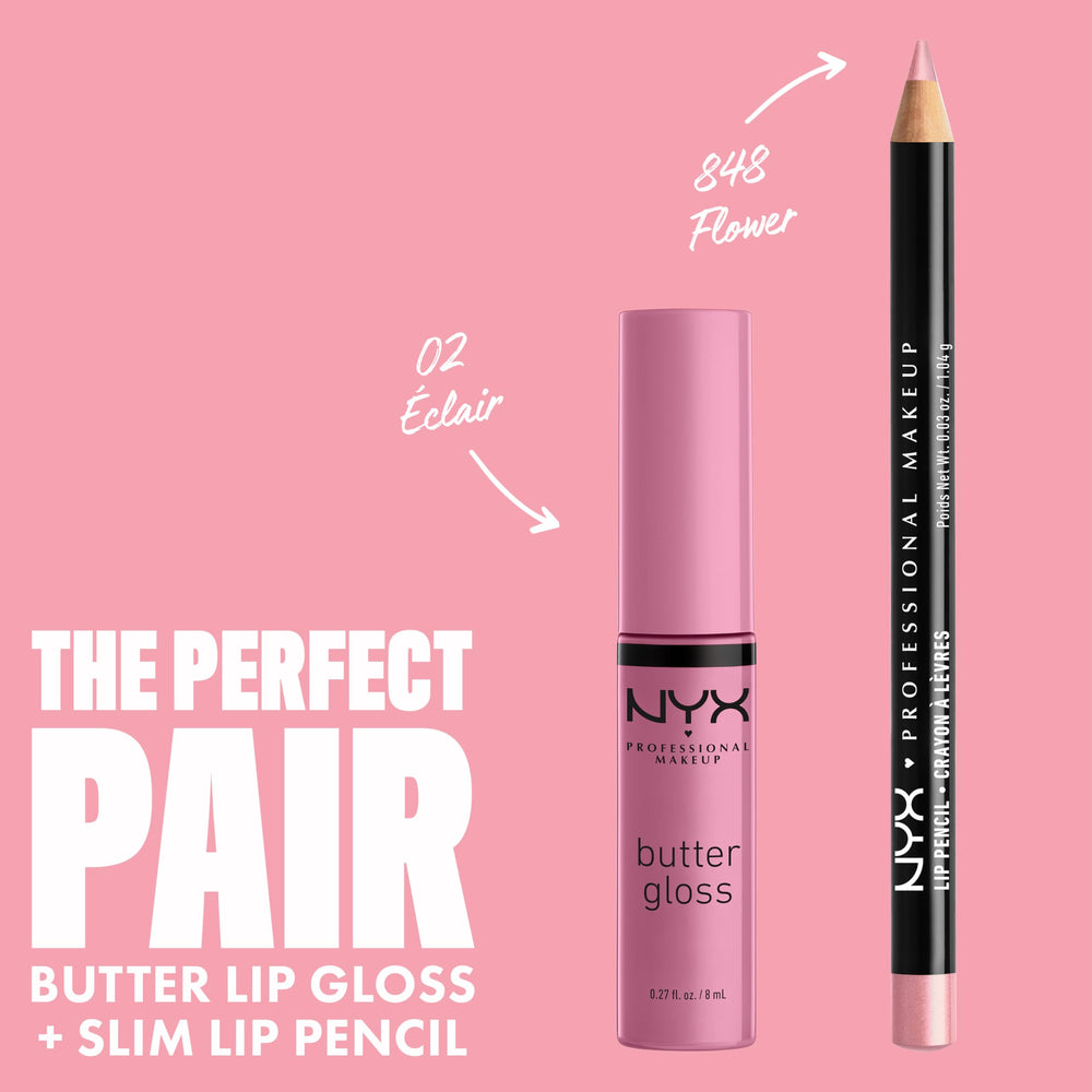 NYX Butter Gloss Eclair packaging in a sleek pink tube.