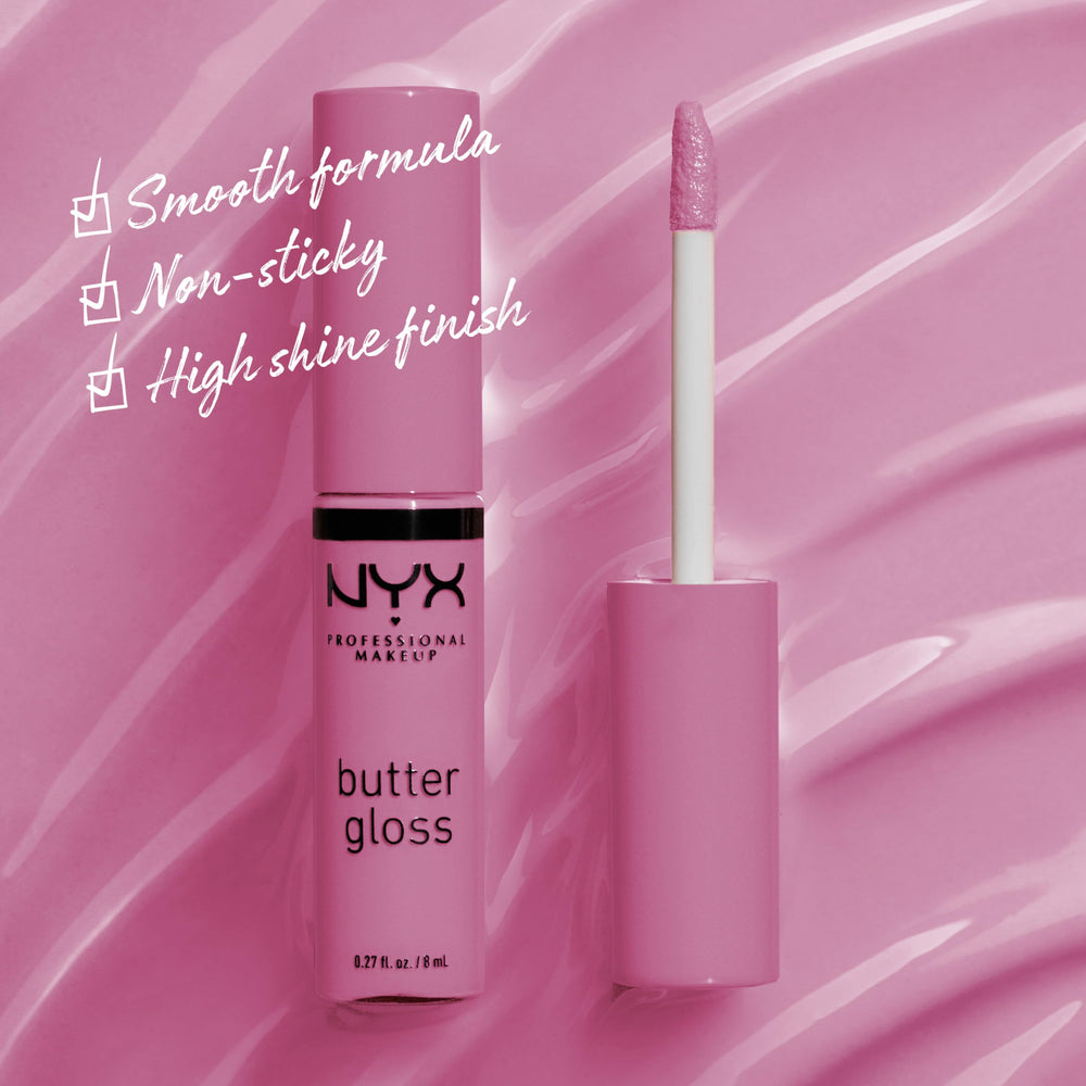 NYX Butter Gloss Eclair pink swatch shows sheer to medium coverage.
