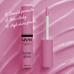 NYX Butter Gloss Eclair pink swatch shows sheer to medium coverage.