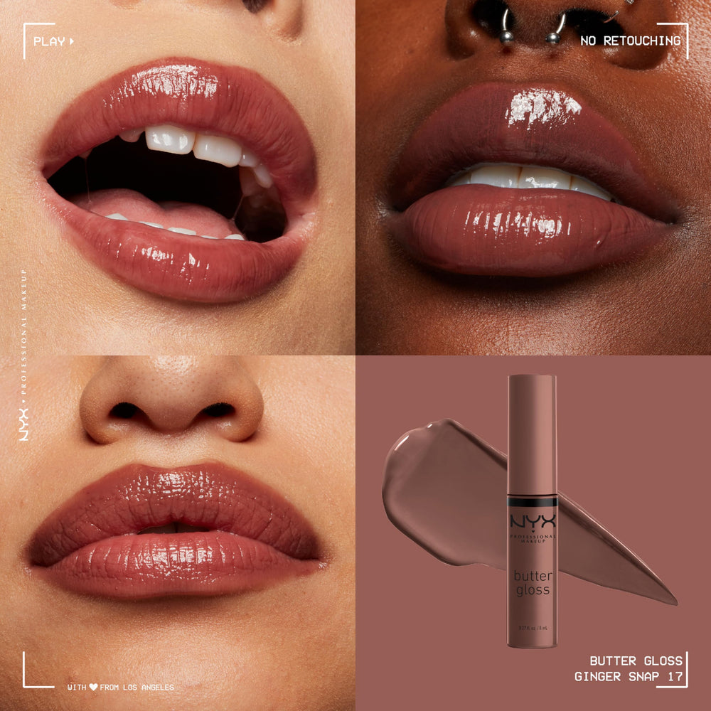 NYX Butter Gloss Ginger Snap swatch reveals sheer to medium coverage.