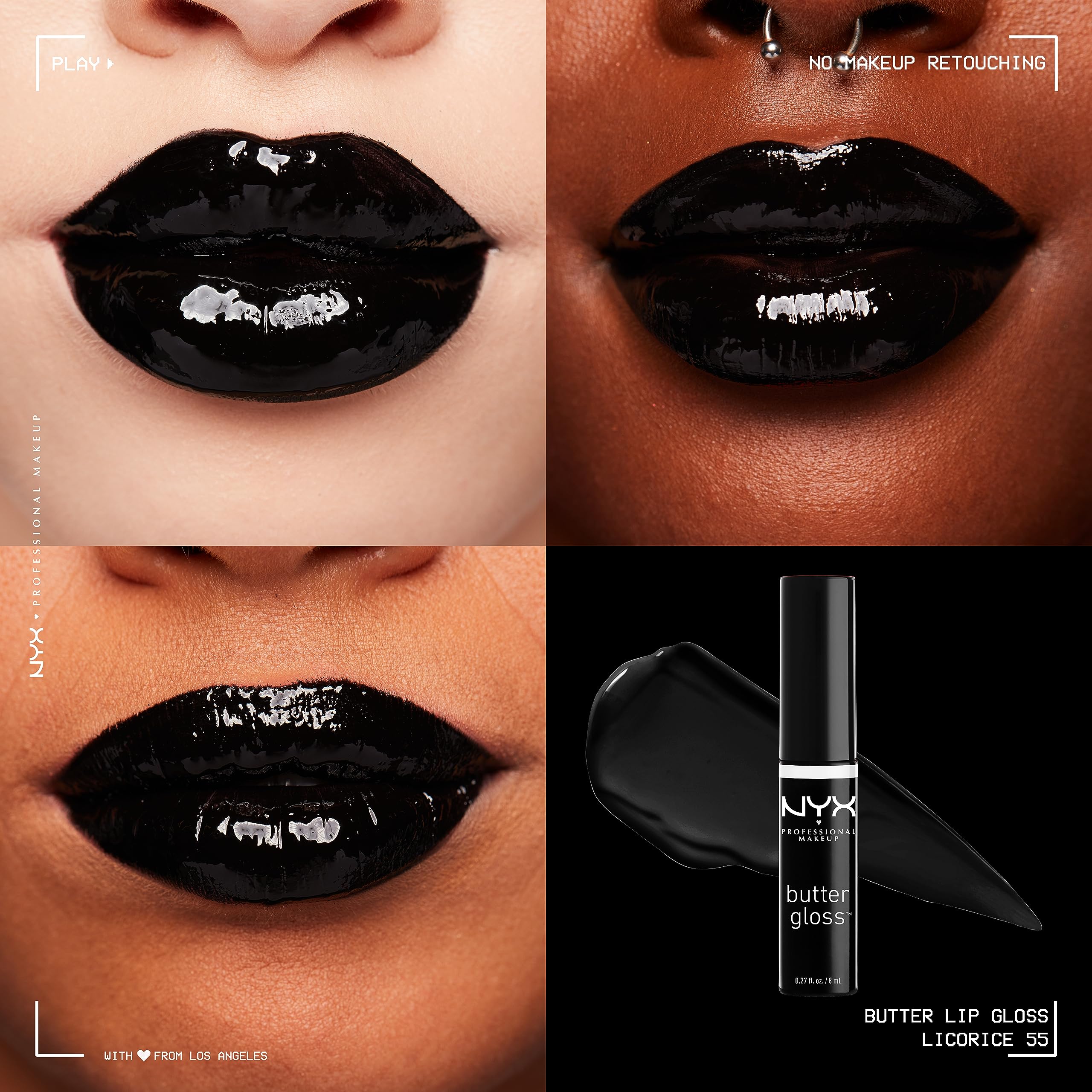 Wand application of NYX Butter Gloss Licorice Black for easy color.